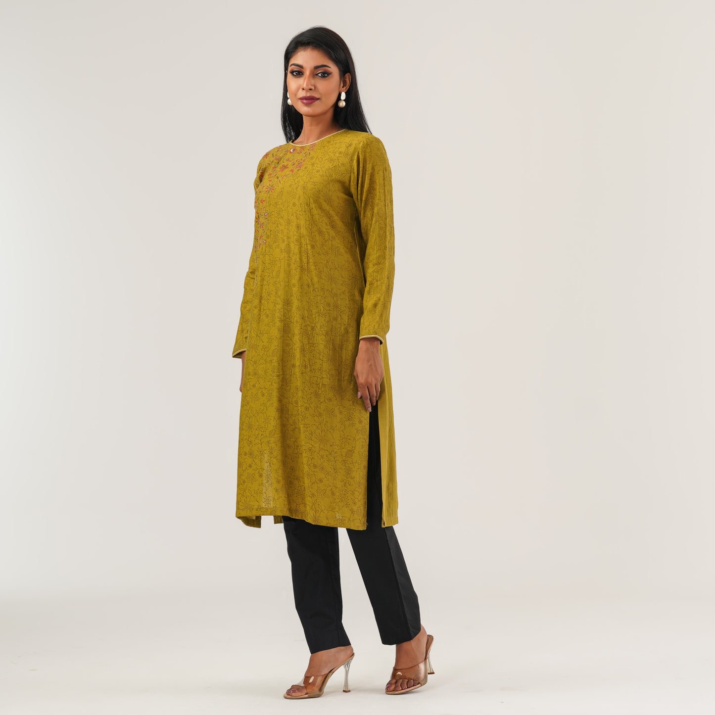 Womens Olive Embroidered Kurti