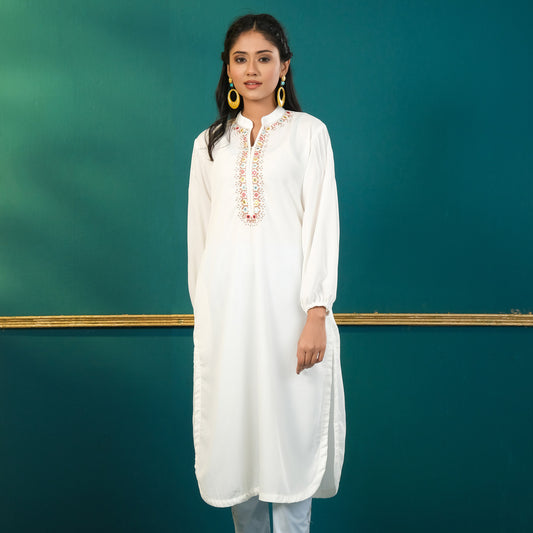 Women White Embroidered Kurti