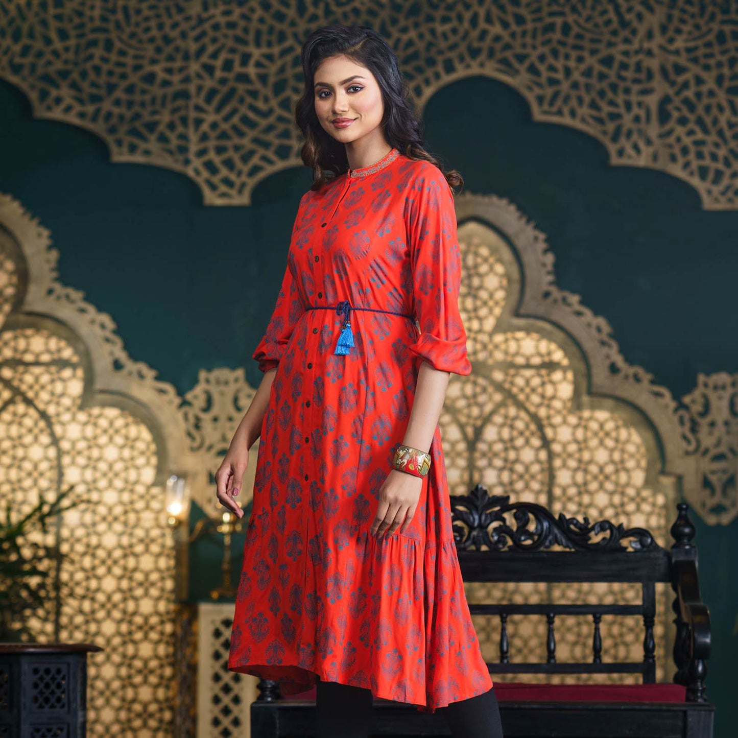 Women Orange Embroidered Kurti