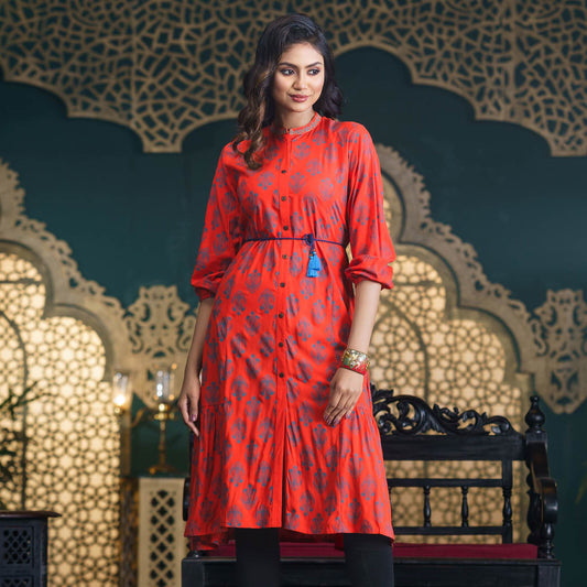 Women Orange Embroidered Kurti