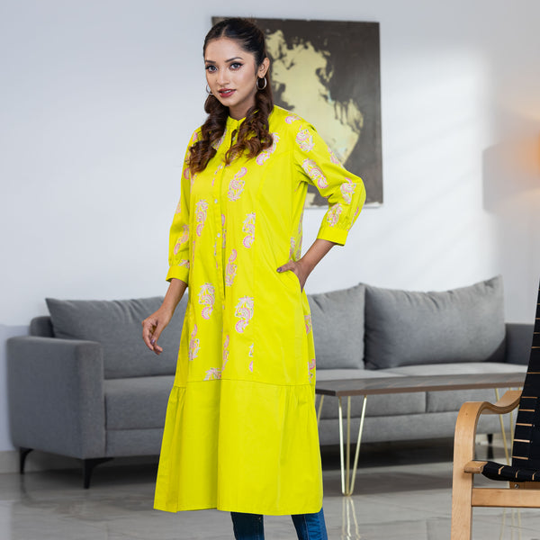 ETHNIC FUSION KURTI-NEON GREEN