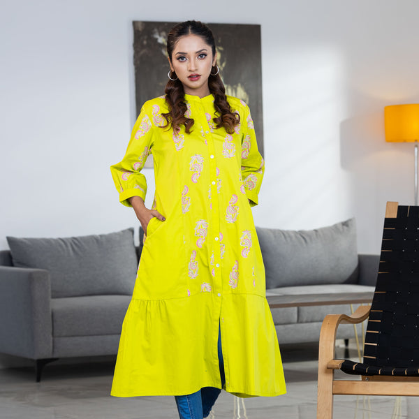 ETHNIC FUSION KURTI-NEON GREEN