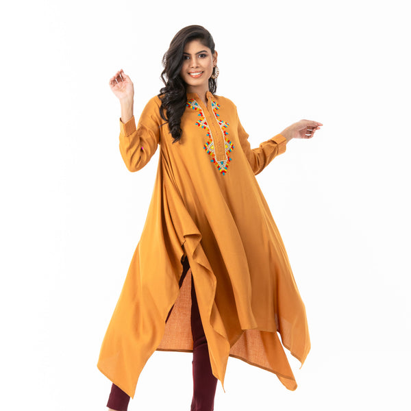 Women Mustard Embroidered Kurti