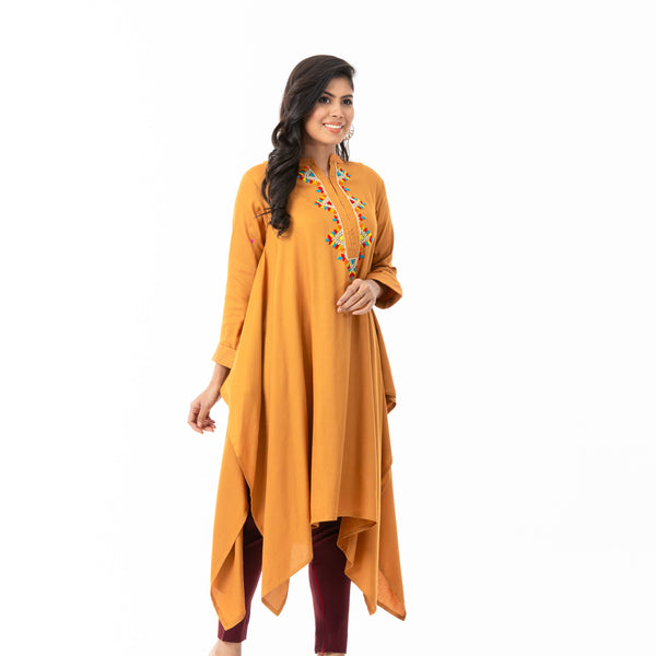 Women Mustard Embroidered Kurti