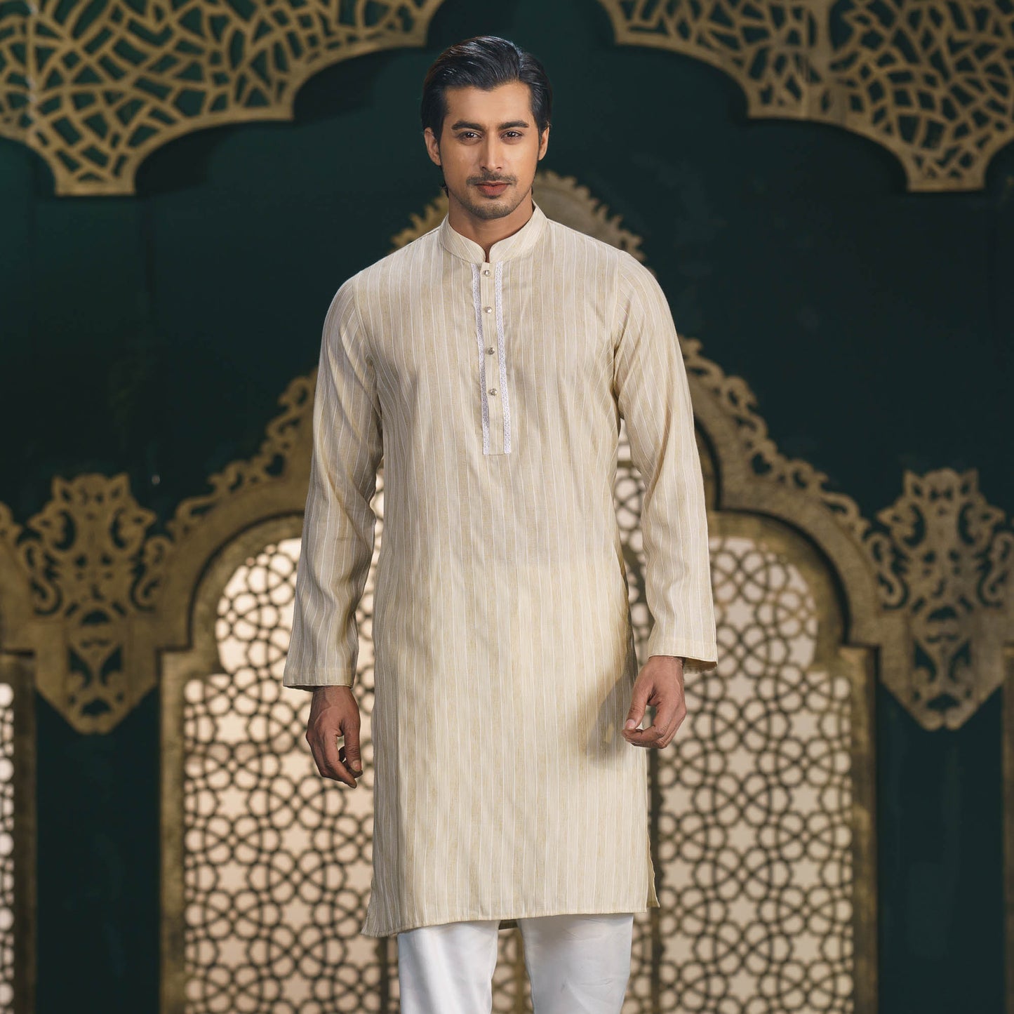 Men's Beige Stripe Panjabi