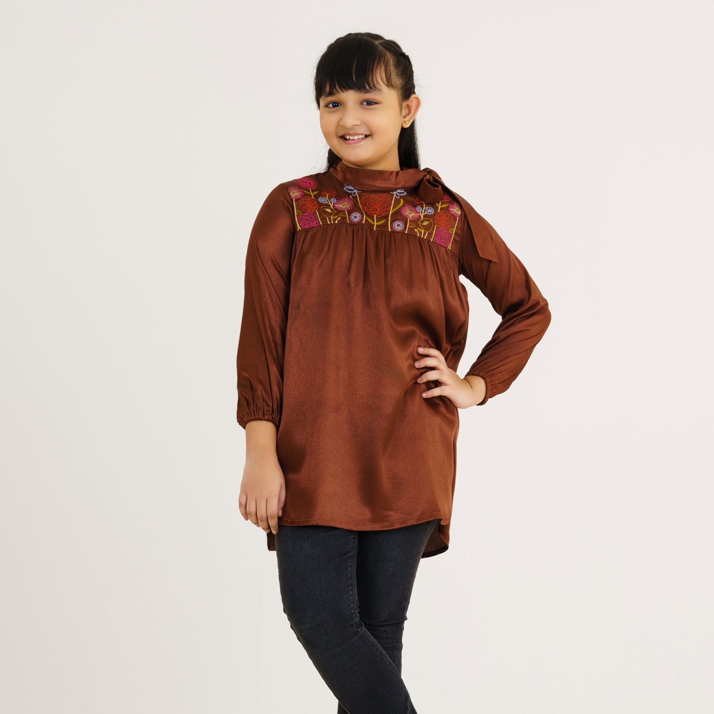 Girls Brown Embroidered Tunic