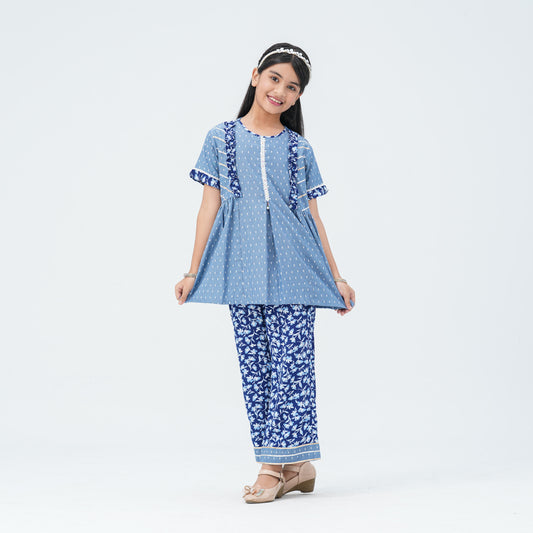 Girl's Blue Cotton Two Piece Set