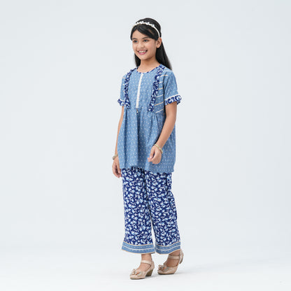 Girl's Blue Cotton Two Piece Set