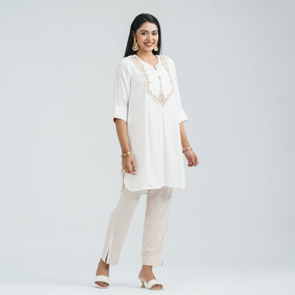 Women Off White Cotton Two Piece Set