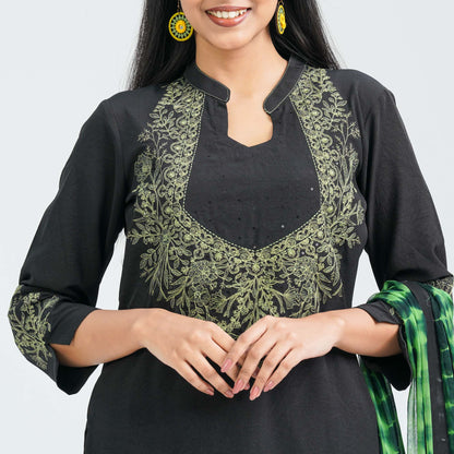 Women’s Black Floral Embroidered Three Piece Set
