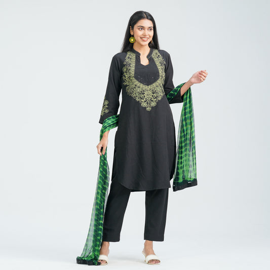 Women’s Black Floral Embroidered Three Piece Set