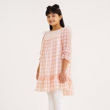 Load image into Gallery viewer, Girls Peach Check Georgette Frock
