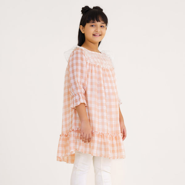 Girls Peach Check Georgette Frock