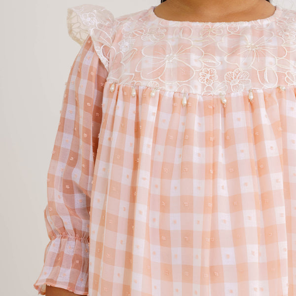 Girls Peach Check Georgette Frock