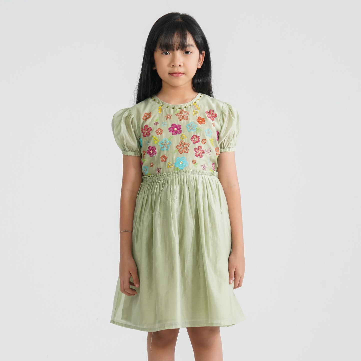 Girls Olive Shine Cotton Frock