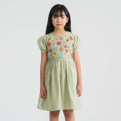 Girls Olive Shine Cotton Frock