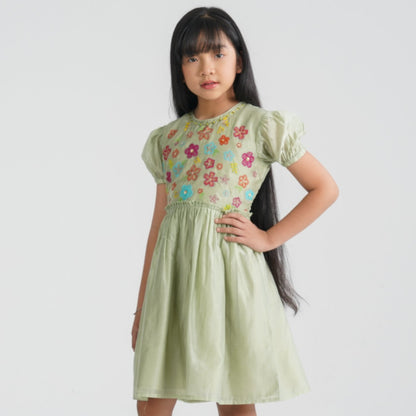 Girls Olive Shine Cotton Frock
