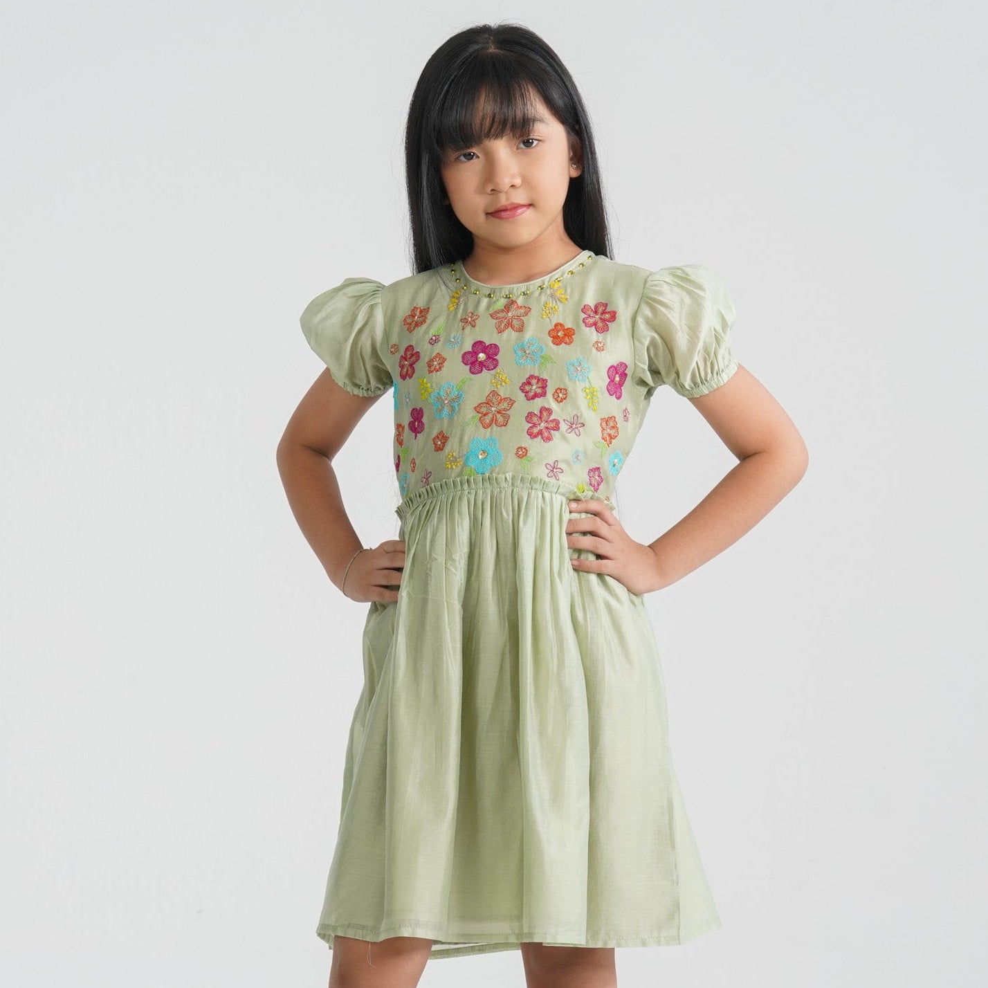 Girls Olive Shine Cotton Frock