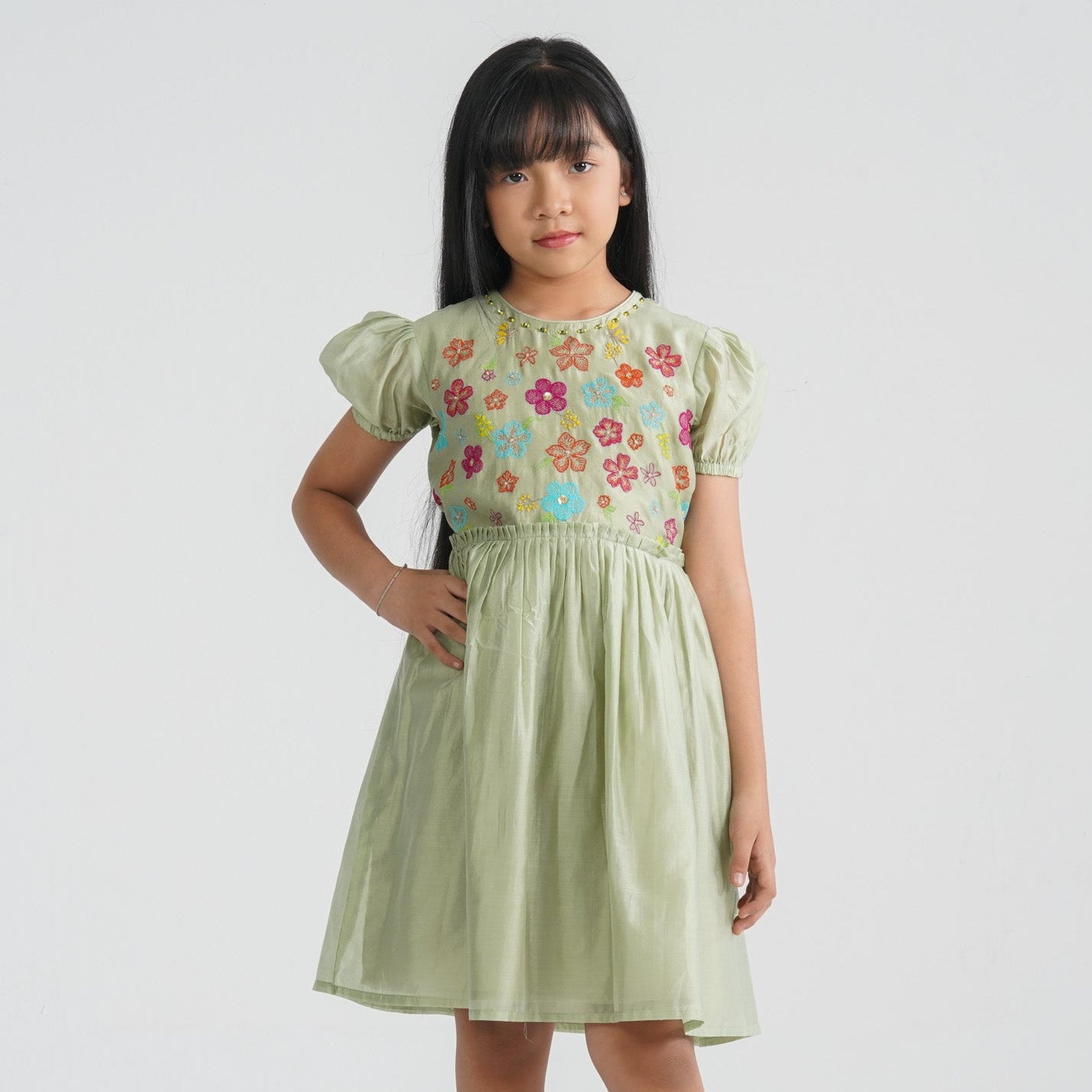 Girls Olive Shine Cotton Frock