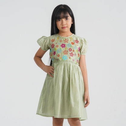 Girls Olive Shine Cotton Frock