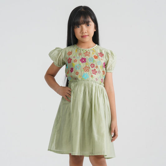 Girls Olive Shine Cotton Frock
