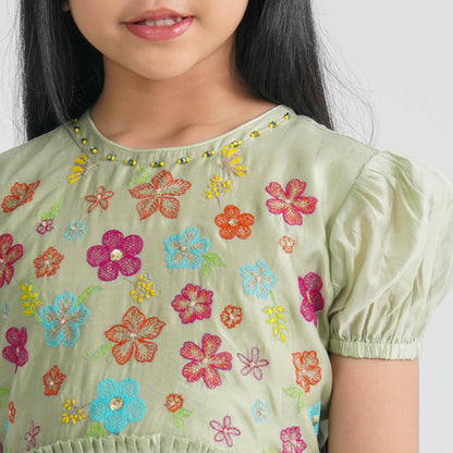 Girls Olive Shine Cotton Frock