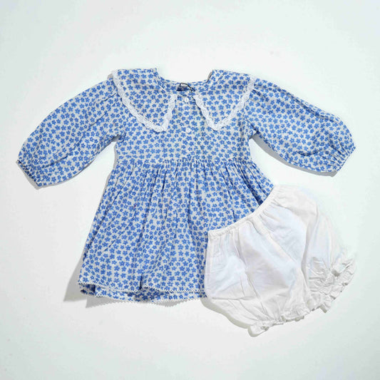 New Born Girls Frock - Blue Aop