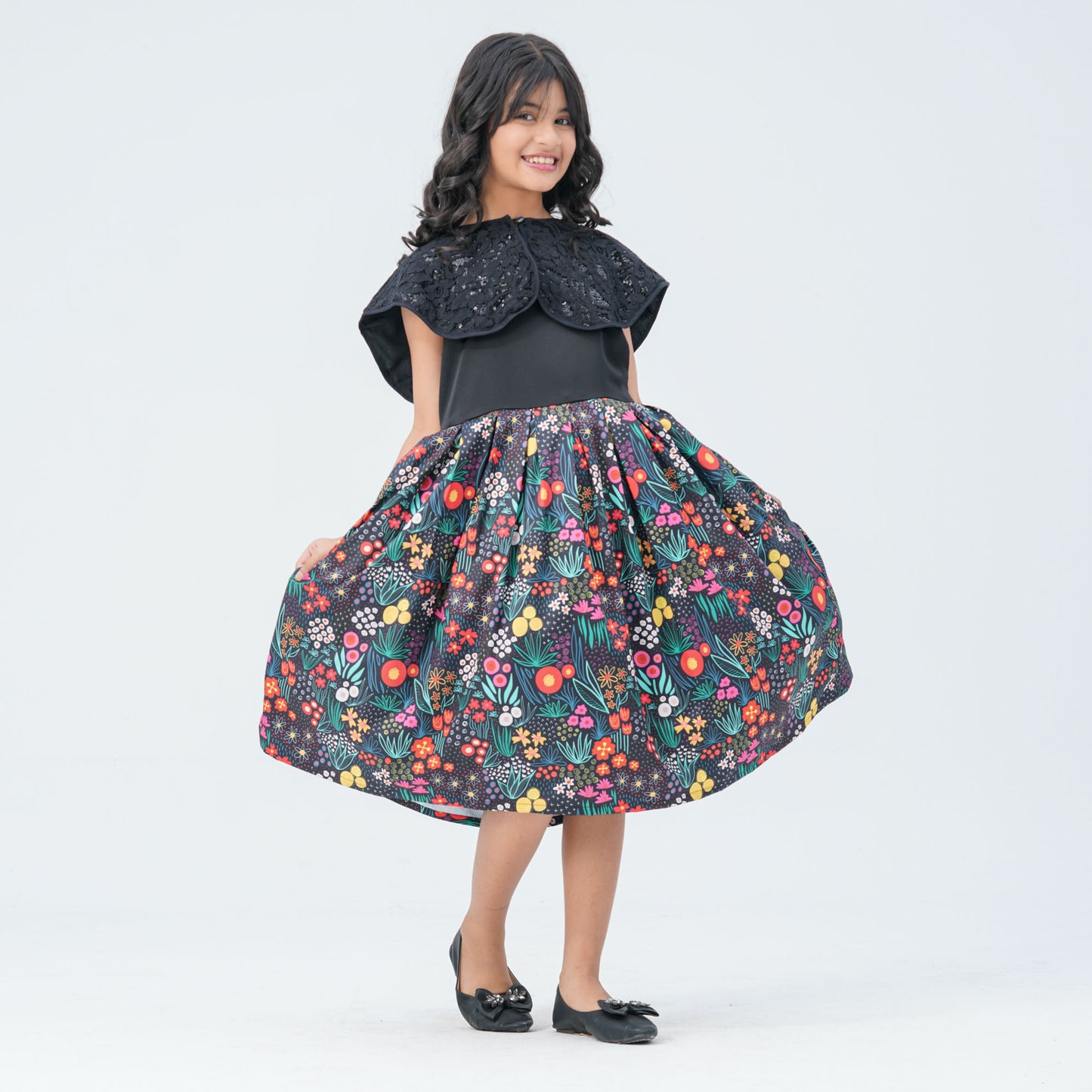 Girl's Floral Printed Blended Silk Gown with Sequin Cape