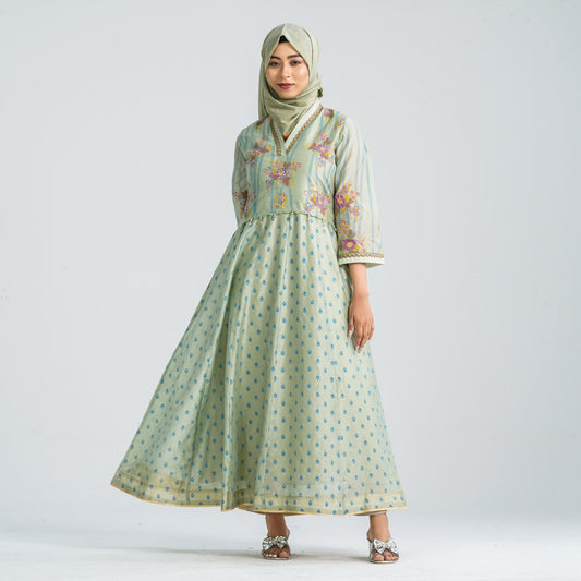 Women's Half Silk Ethnic Gown