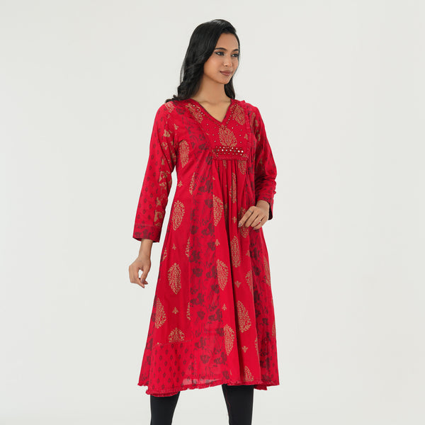 Womens Ethnic High Range Kurti-RED