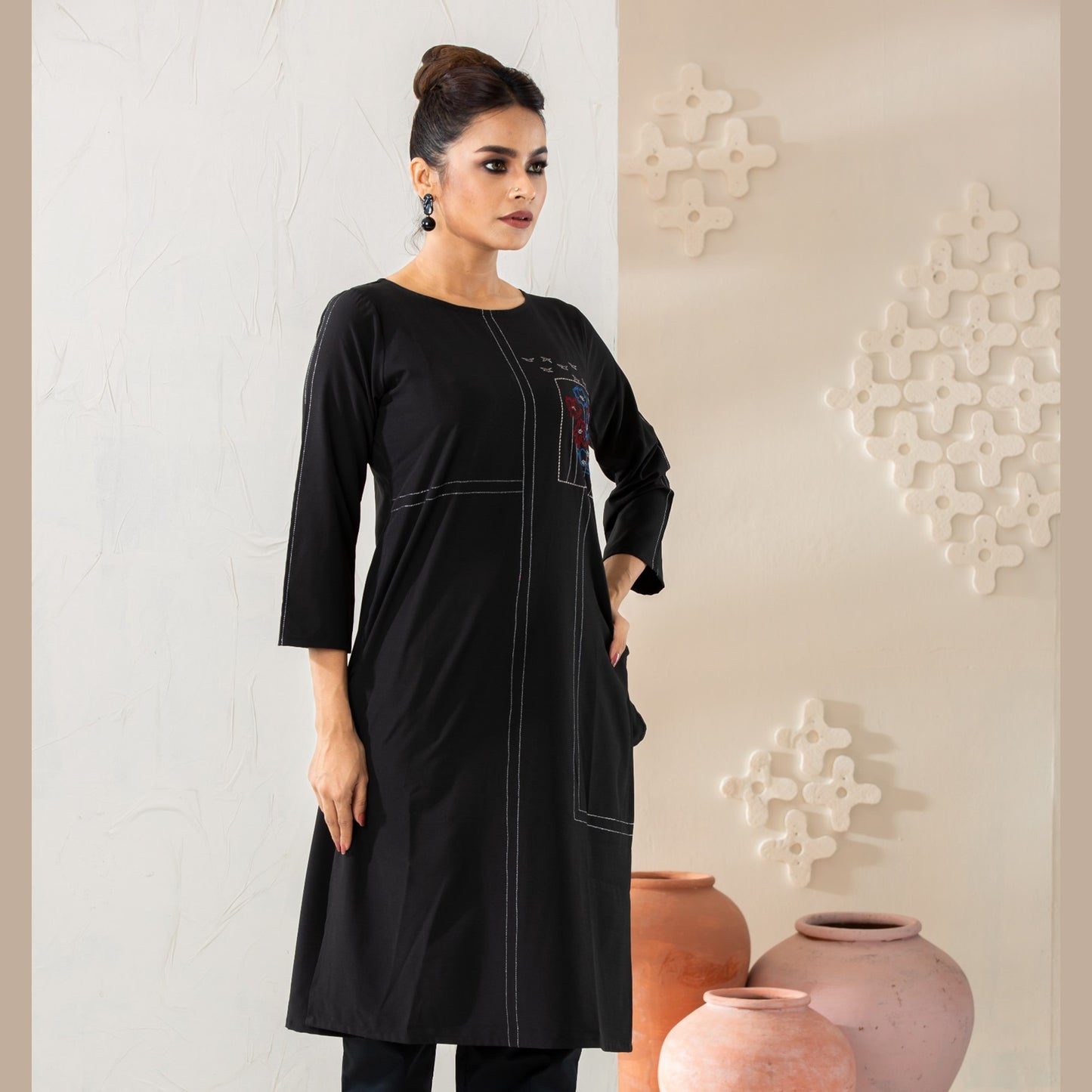 Women Black Silk Fusion Kurti