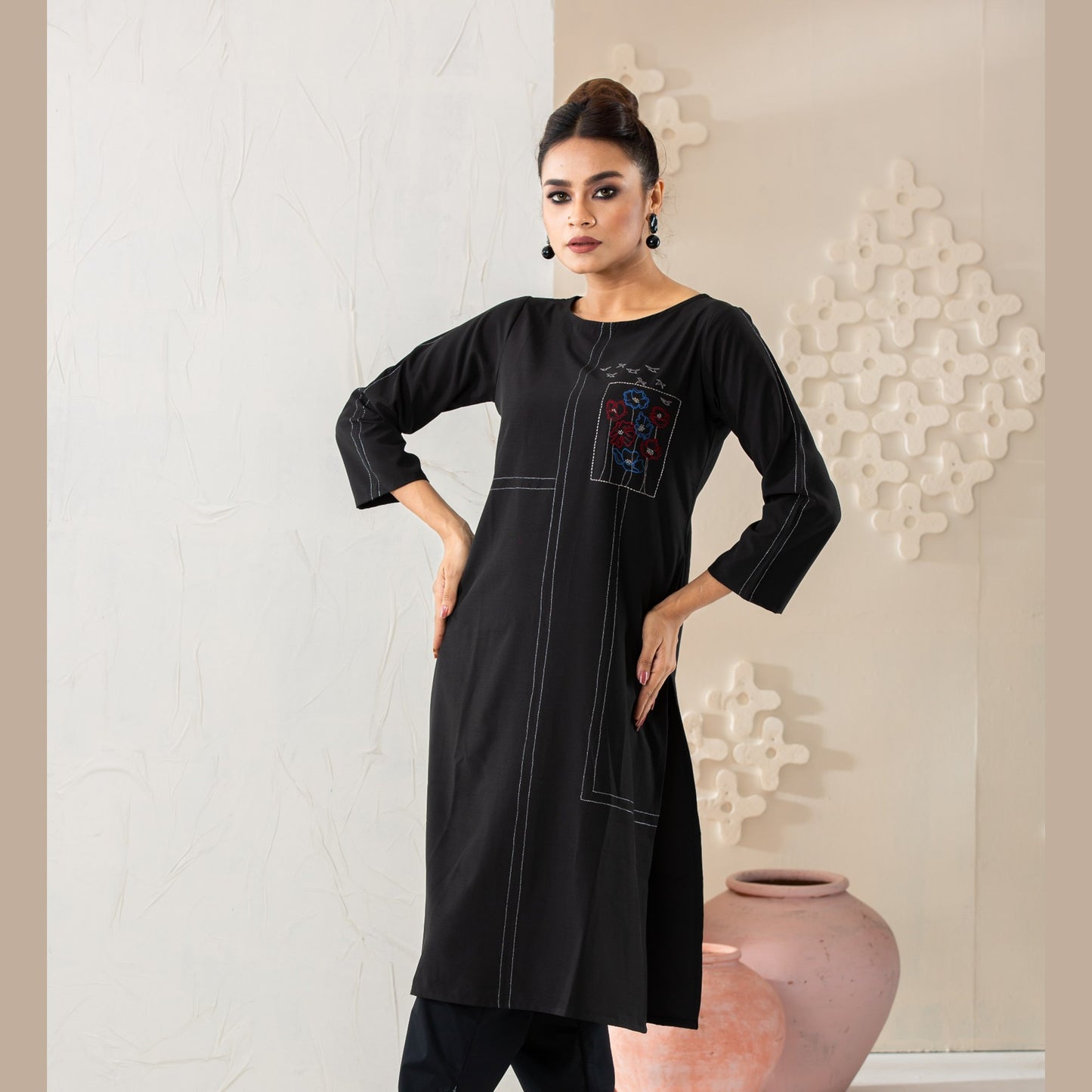 Women Black Silk Fusion Kurti