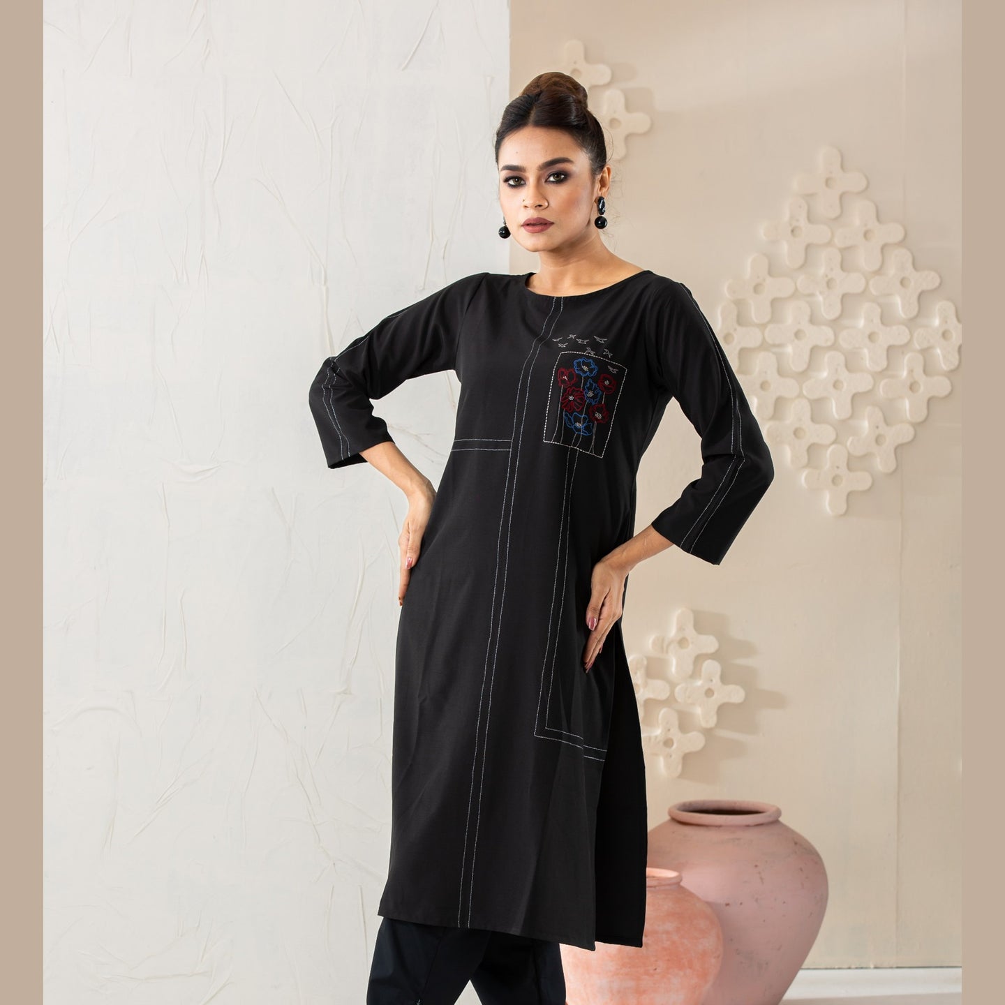 Womens Black Silk Fusion Kurti