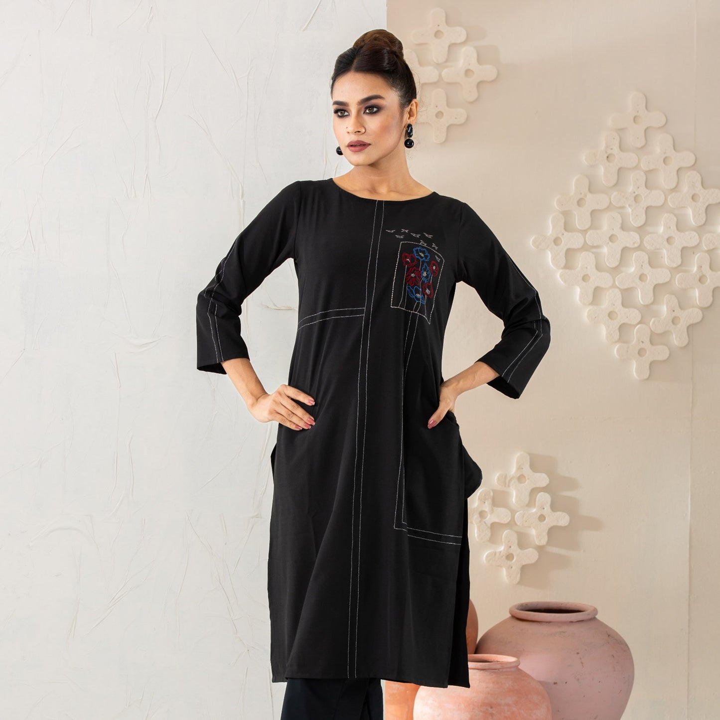 Women Black Silk Fusion Kurti