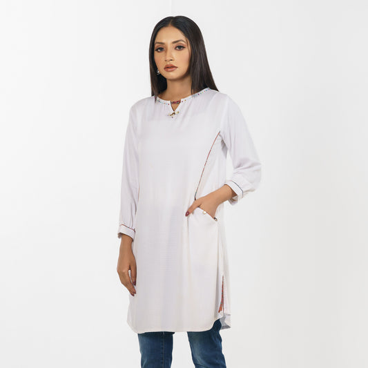 White Beaded Jacquard Tunic