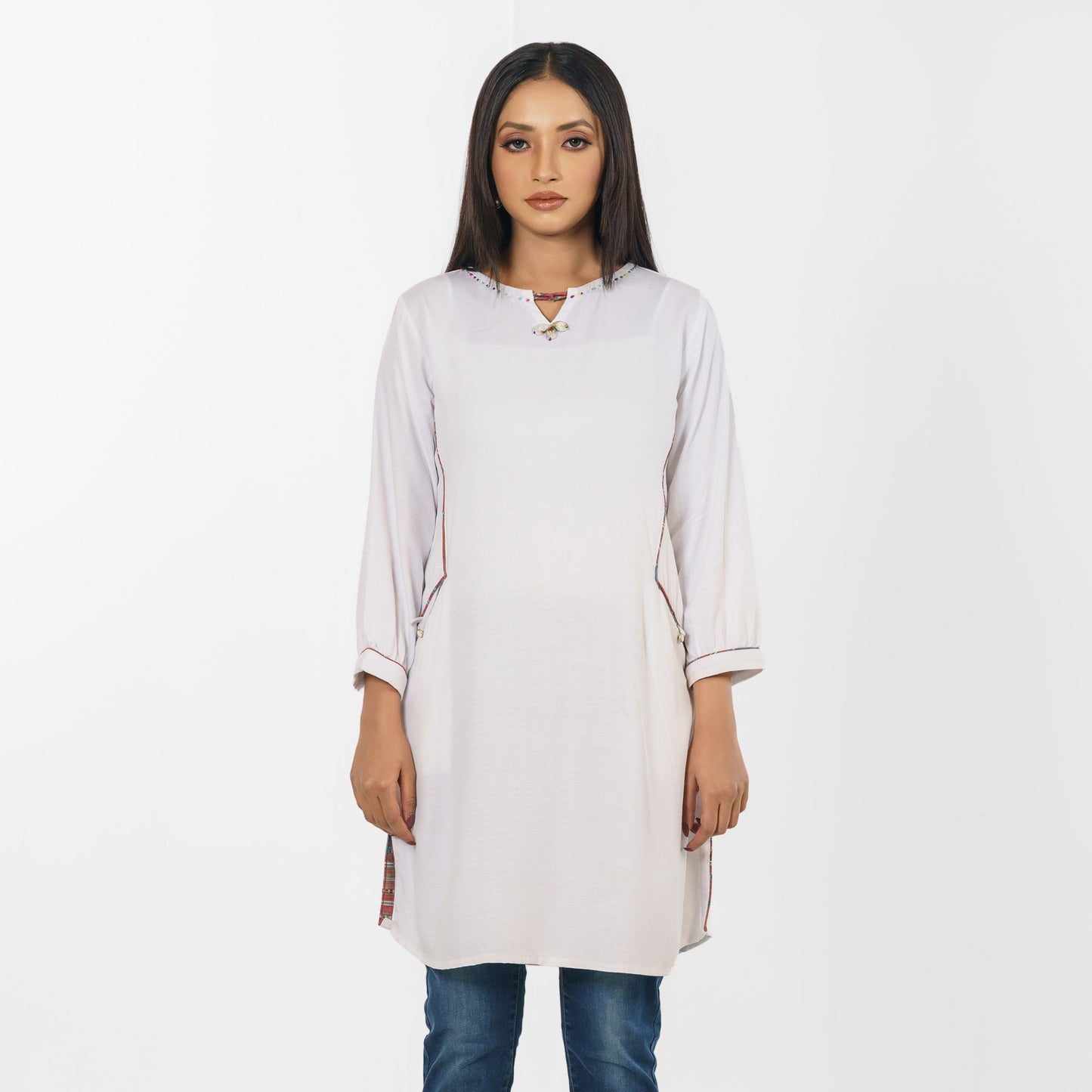 White Beaded Jacquard Tunic