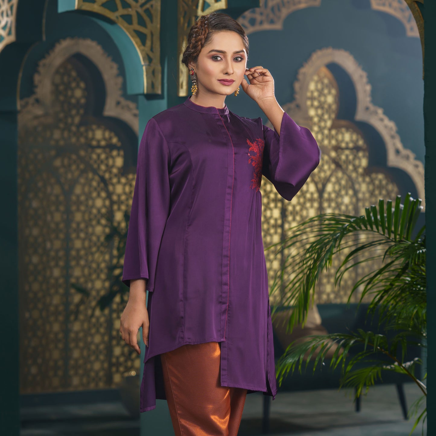 Purple Embroidered Silk Tunic