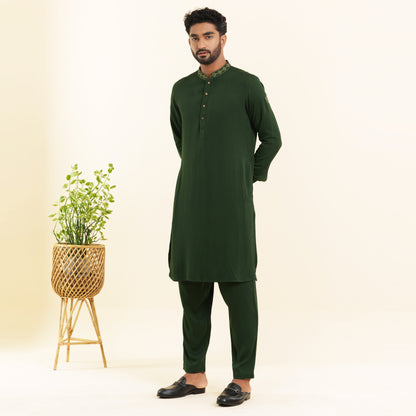 Mens Green  Embroidery Kabli Set