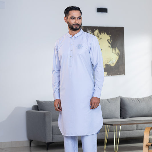 Mens Light-Blue Embroidery Kabli Set