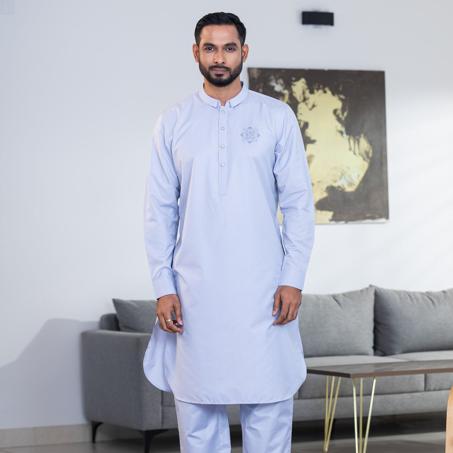 Mens Light-Blue Embroidery Kabli Set