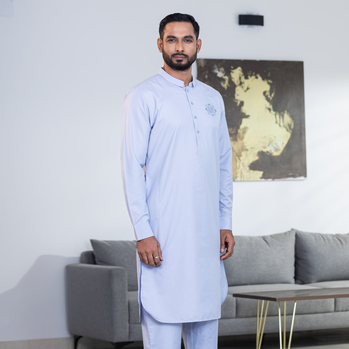 Mens Light-Blue Embroidery Kabli Set