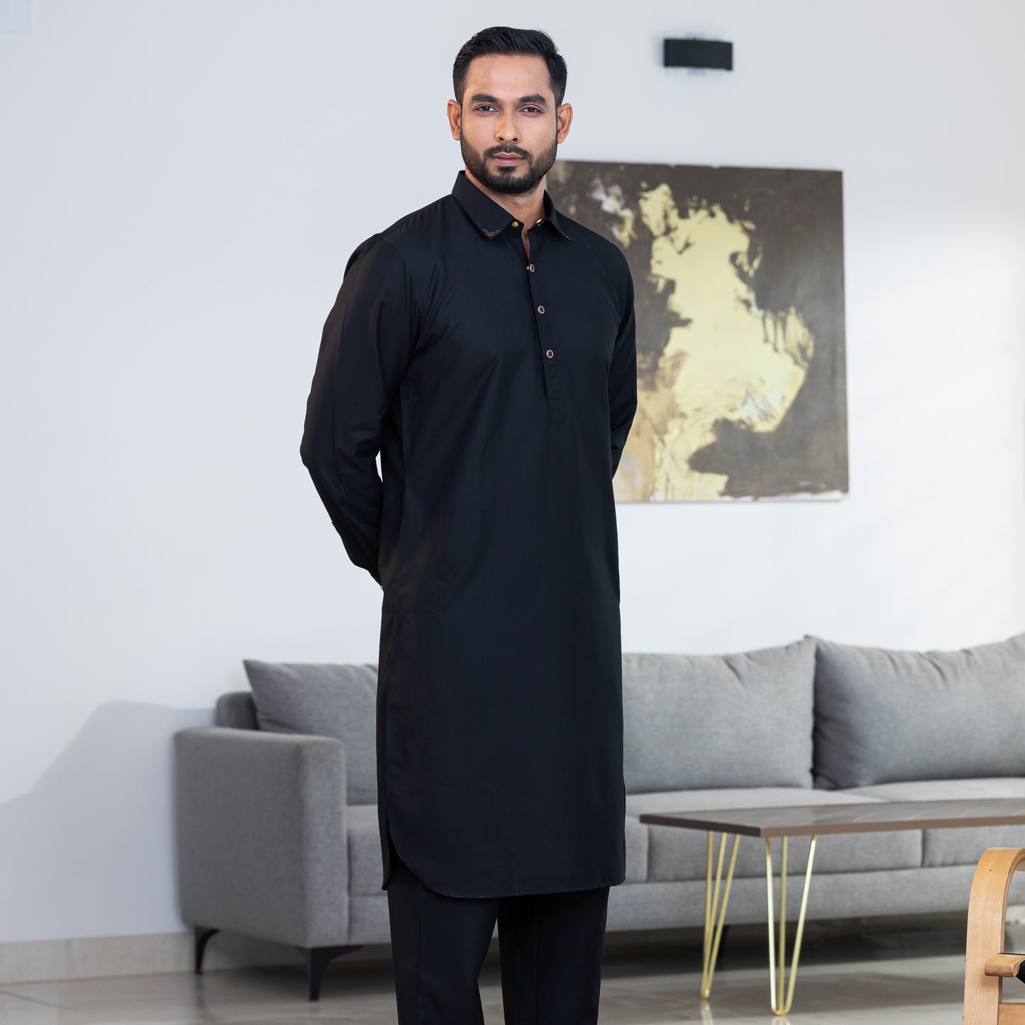 Mens Black Embroidery Kabli Set