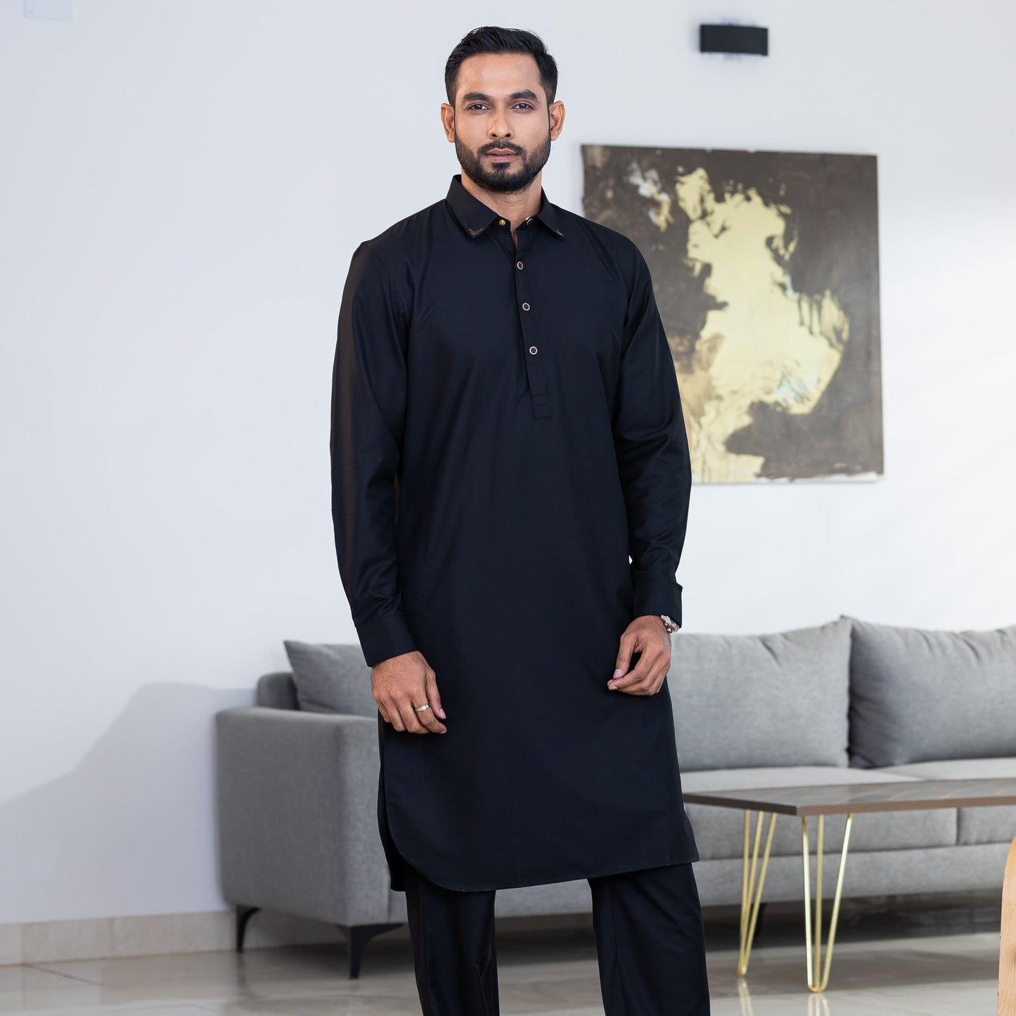 Mens Black Embroidery Kabli Set