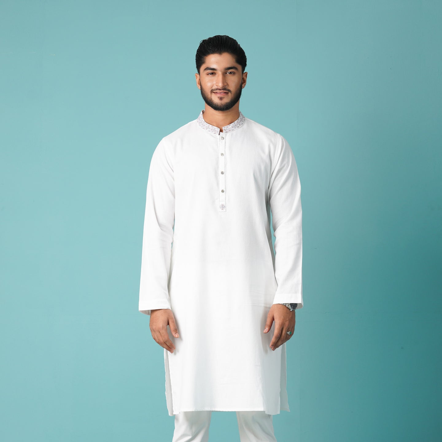 Men's White Embroidered Panjabi