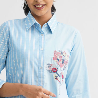 Women’s Sky Blue Floral Embroidered Shirt