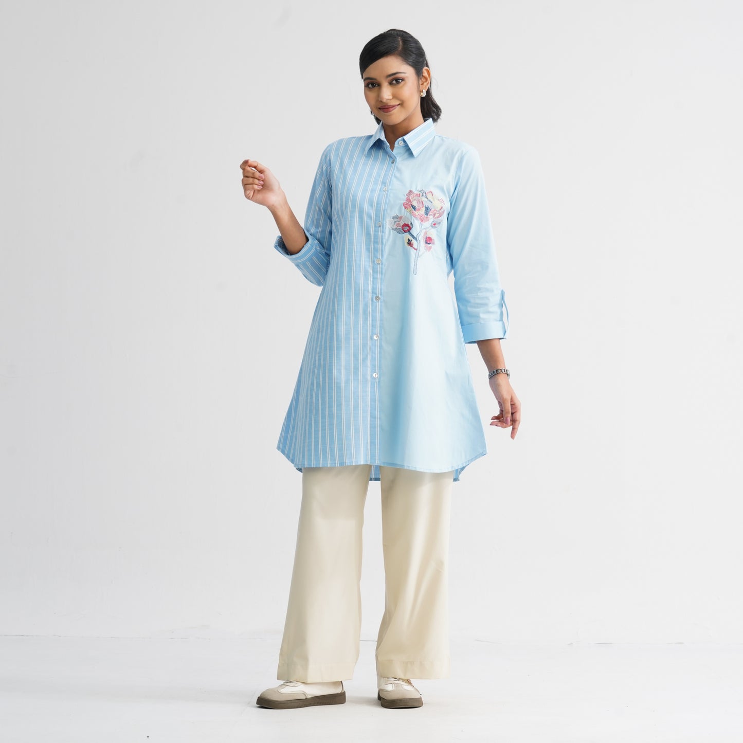 Women’s Sky Blue Floral Embroidered Shirt