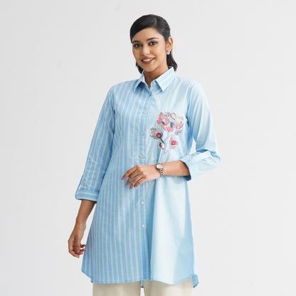 Women’s Sky Blue Floral Embroidered Shirt
