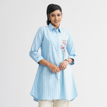 Women’s Sky Blue Floral Embroidered Shirt