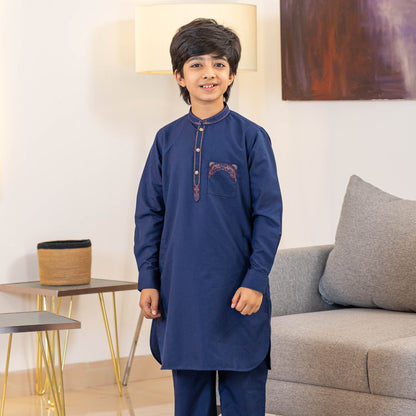 Boys Navy Embroidered Kabli