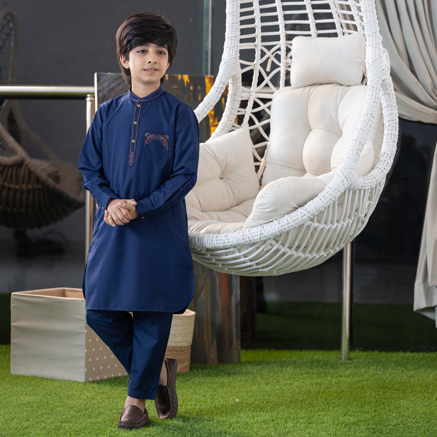 Boys Navy Embroidered Kabli